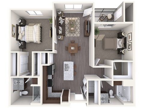 Floor plan for 2 beds, 2 baths, 985 sqft